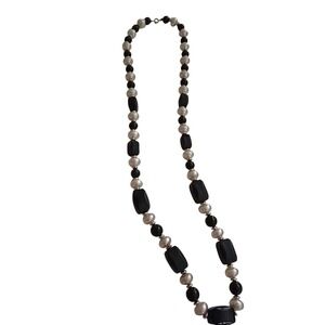 Vintage Chunky Black and Cream Faux Pearl Statement Necklace Gold Tone 30 Inch